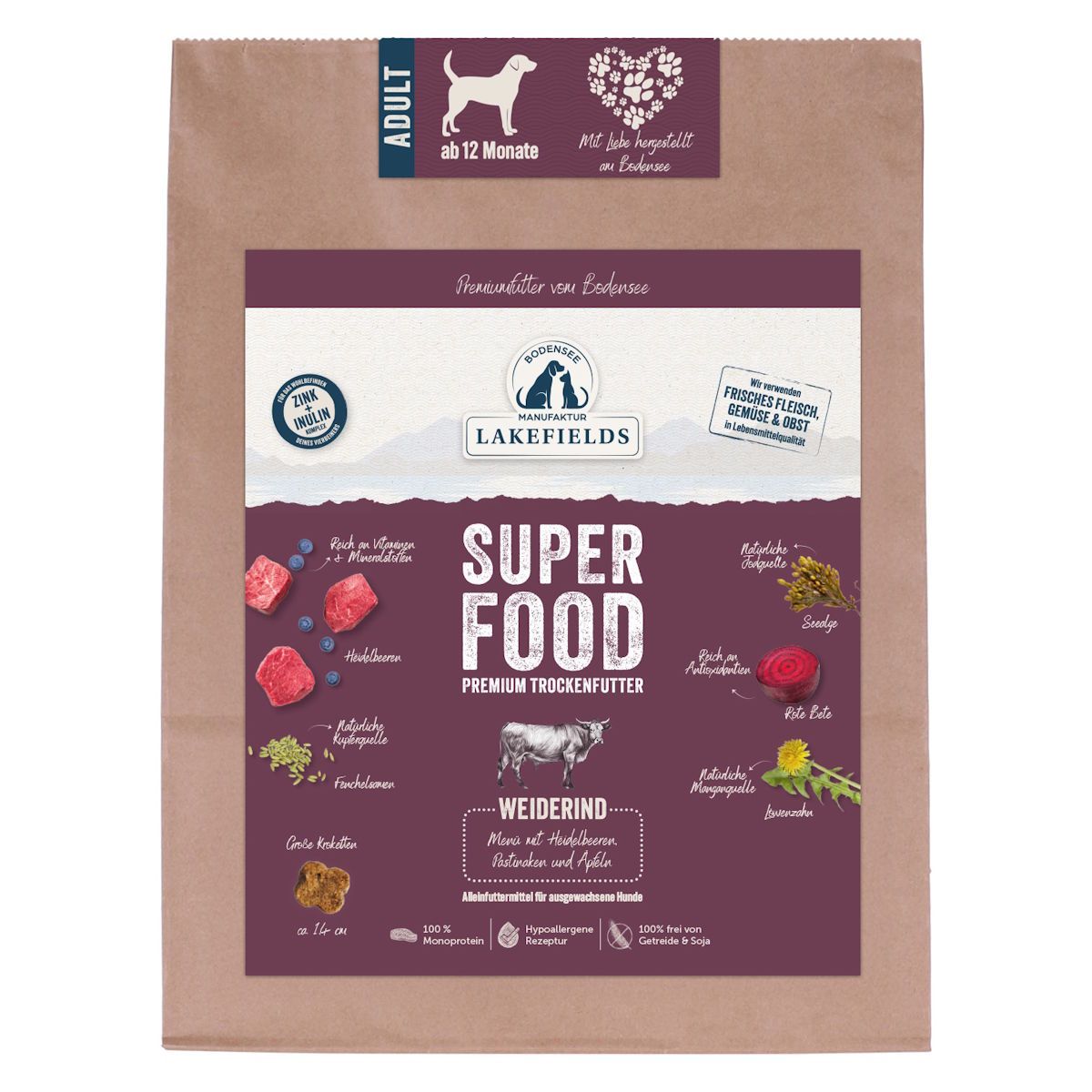 Lakefields - Superfood Premium Hundefutter Weiderind Komplettmenü 1000 g