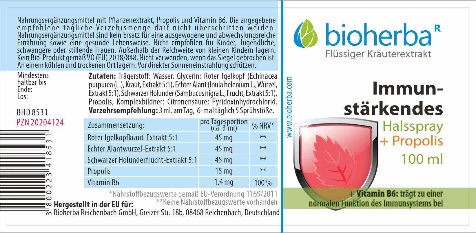 Etikett mit Produktinformationen. Enthält Inhaltsstoffe, Dosierung und Herstellerangaben. Marke: Bioherba.