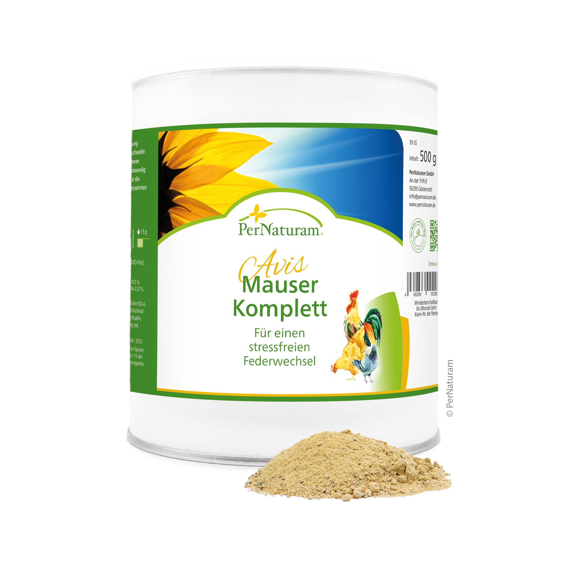 Dose PerNaturam Avis Mauser-Komplett mit Sonnenblume und Hühnern. Pulver daneben.