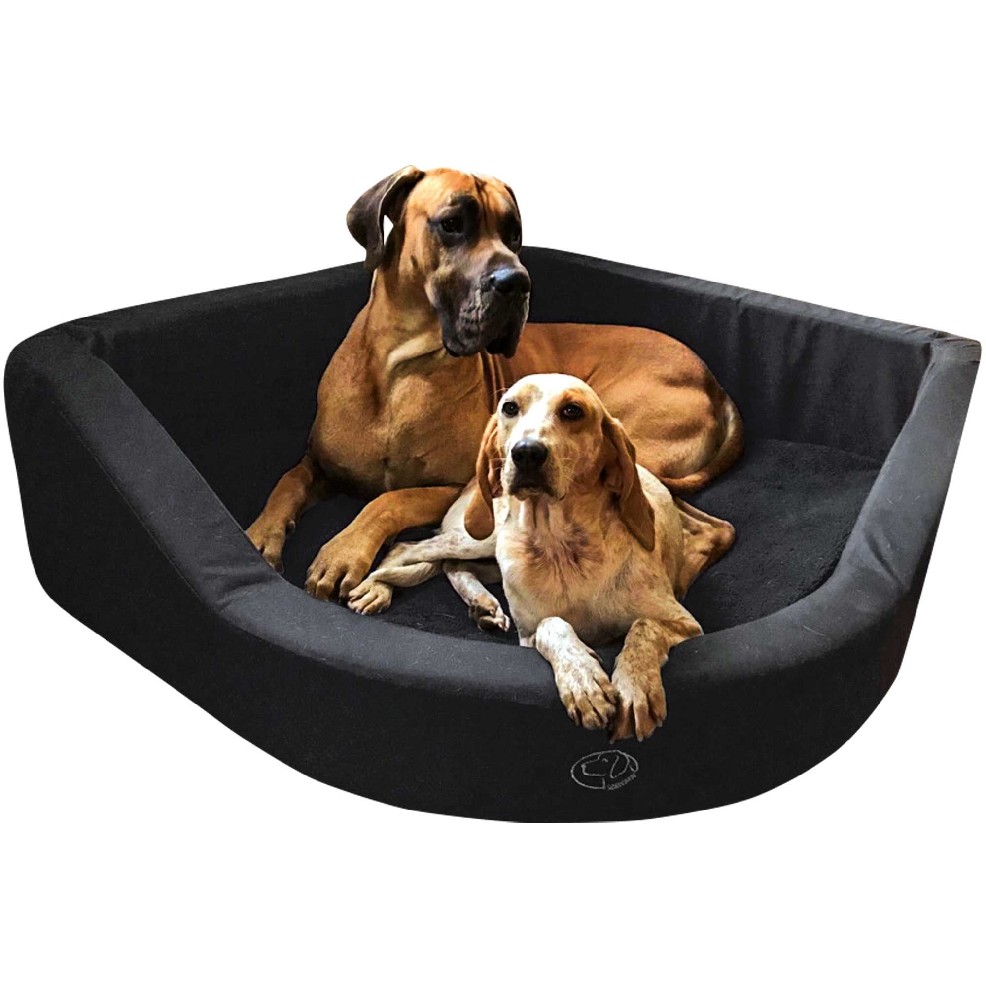 Schwarzes Hundebett mit zwei Hunden. Eckige Form mit erhöhten Seiten. Logo unten rechts.