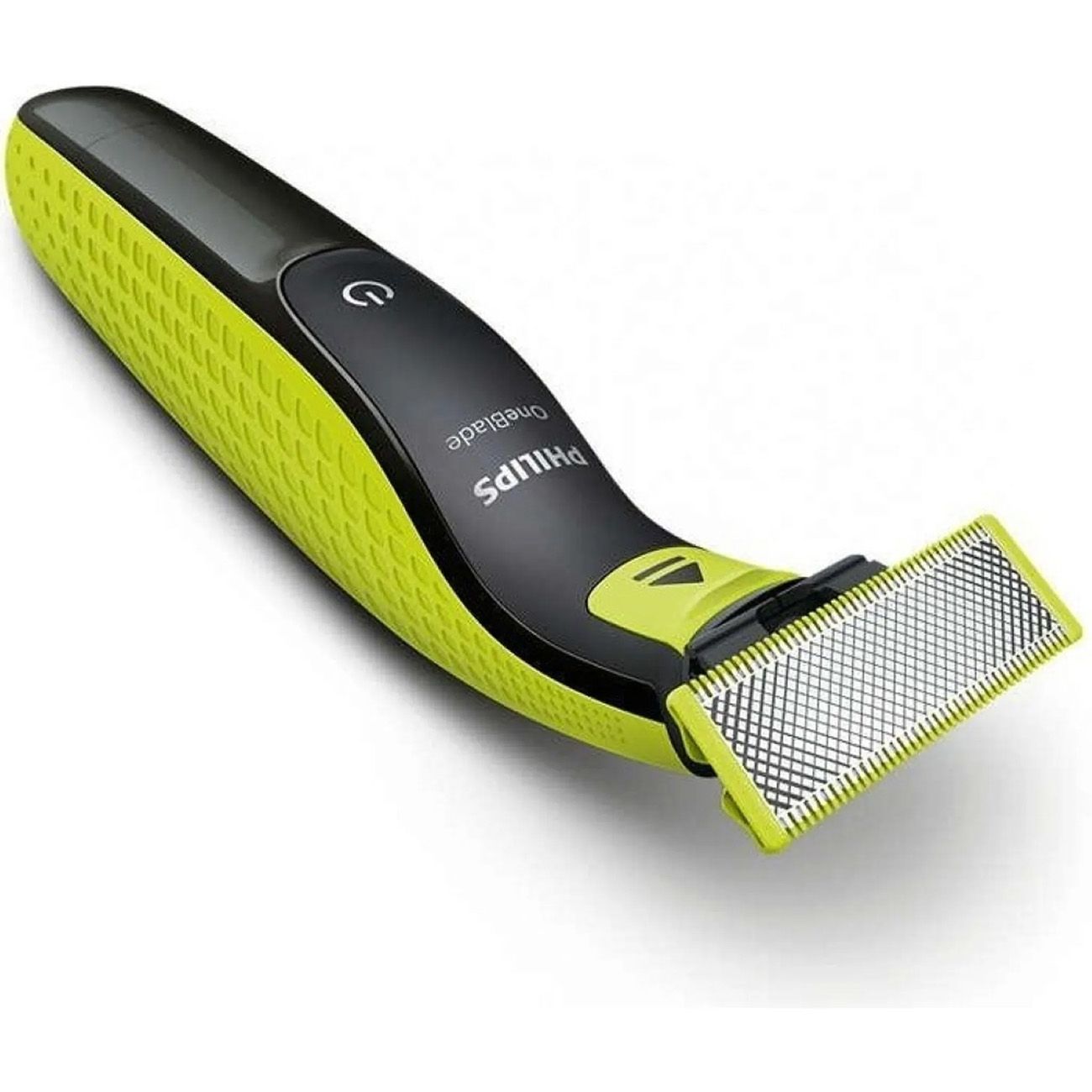 Barttrimmer in schräger Ansicht. Schwarz und grün, mit silbernem Scherkopf. Auf dem Griff steht "Philips OneBlade".