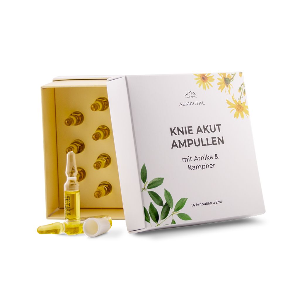 ALMIVITAL Knie Akut Ampullen. Karton mit Ampullen, geöffnet. Eine Ampulle steht daneben. Aufschrift: Knie Akut Ampullen mit Arnika & Kampfer.