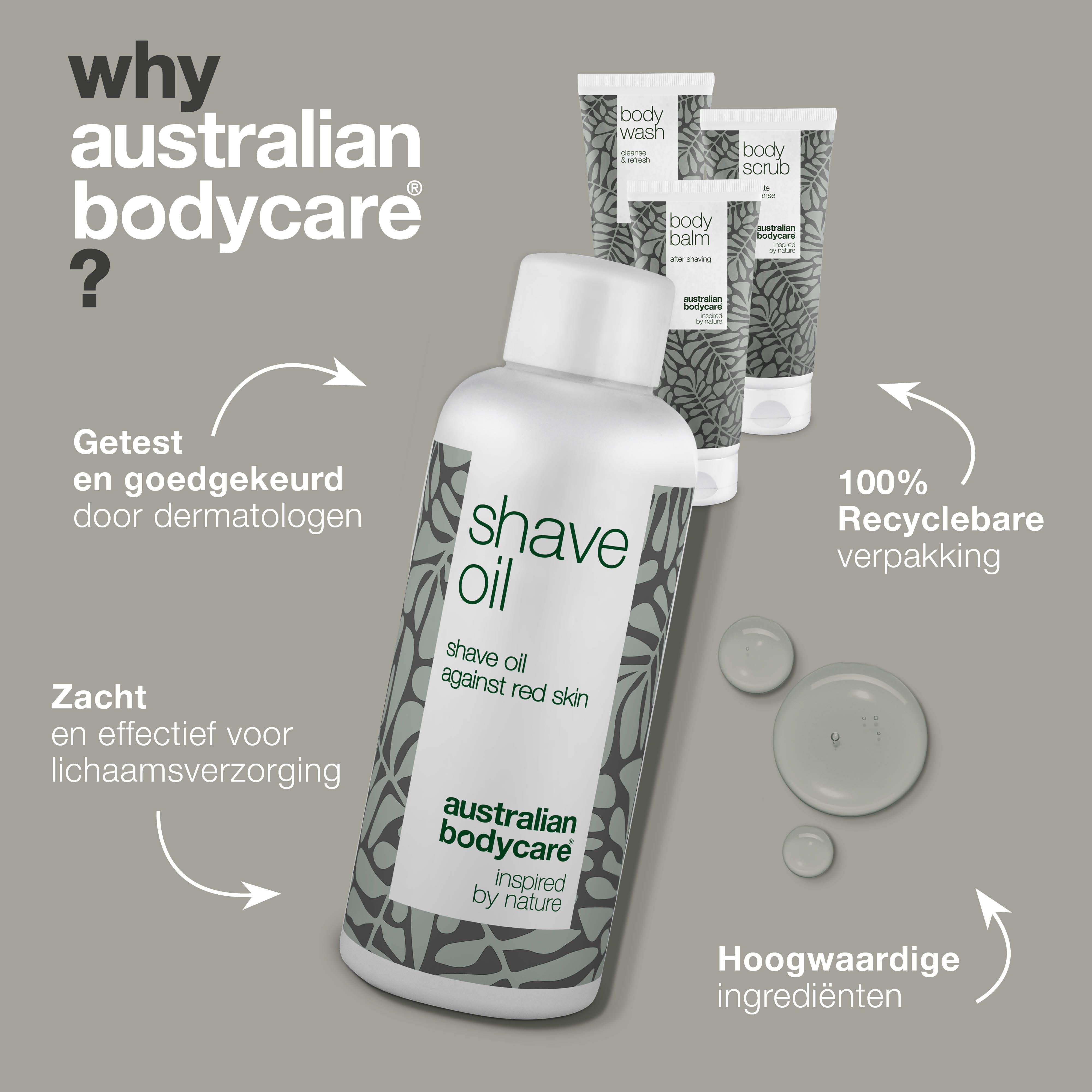 Shave Oil fles en producten: Body Wash, Body Scrub, Body Balm. Tekst: 100% recyclebare verpakking, hoogwaardige ingrediënten.