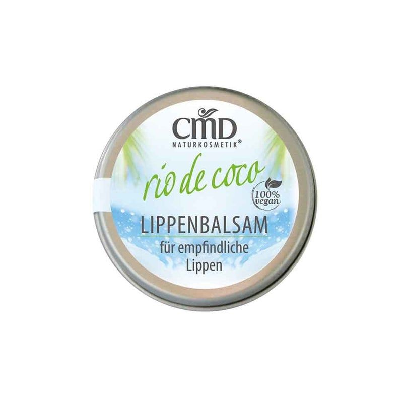 Runde Dose CMD Naturkosmetik Rio de Coco Lippenbalsam. Deckel mit Schriftzug und Logo. Vegan-Siegel.