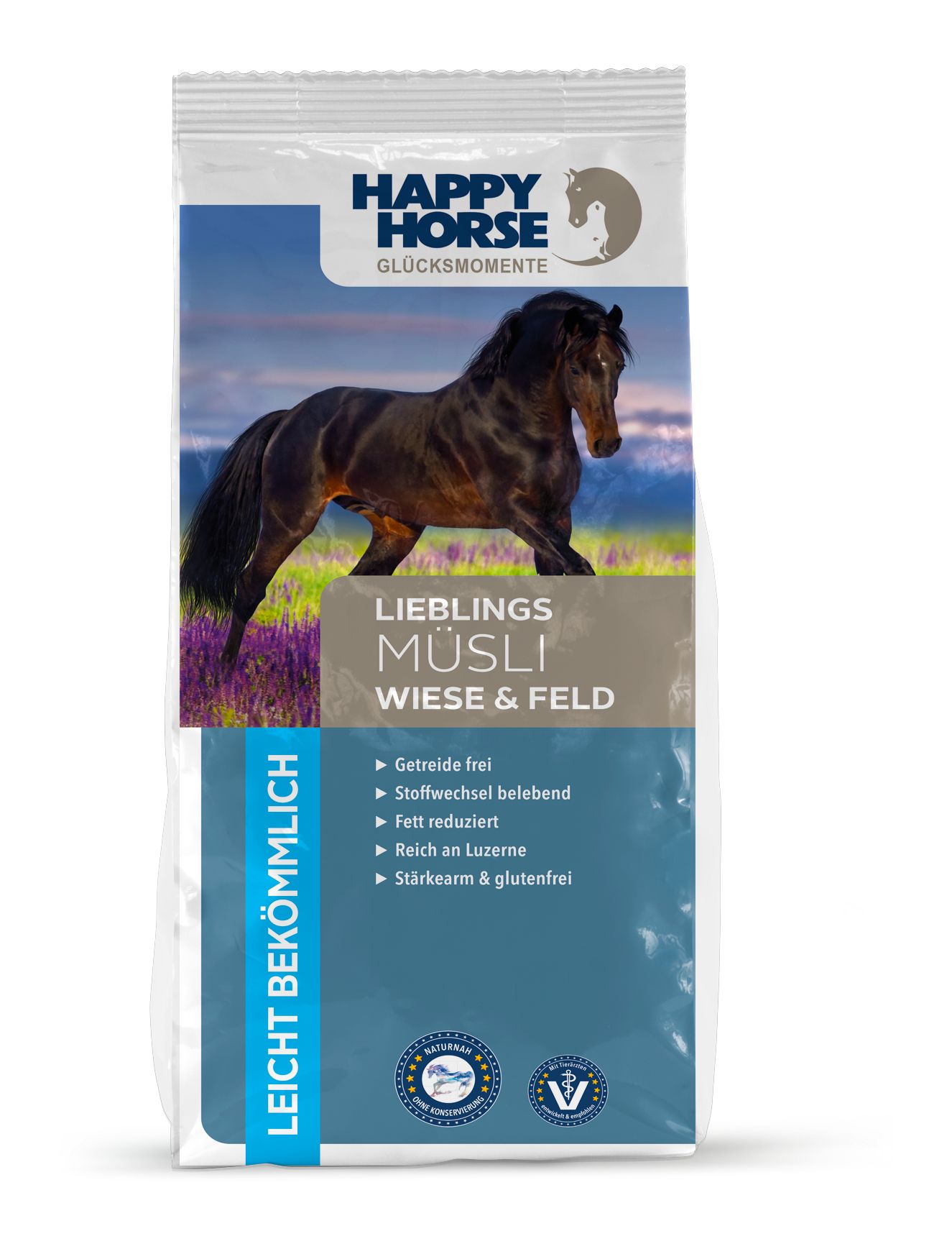 Verpackung von Happy Horse Müsli Wiese & Feld. Enthält ein Bild eines Pferdes. Text: Getreide frei, Stoffwechsel belebend, fett reduziert, reich an Luzerne, stärkearm & glutenfrei.