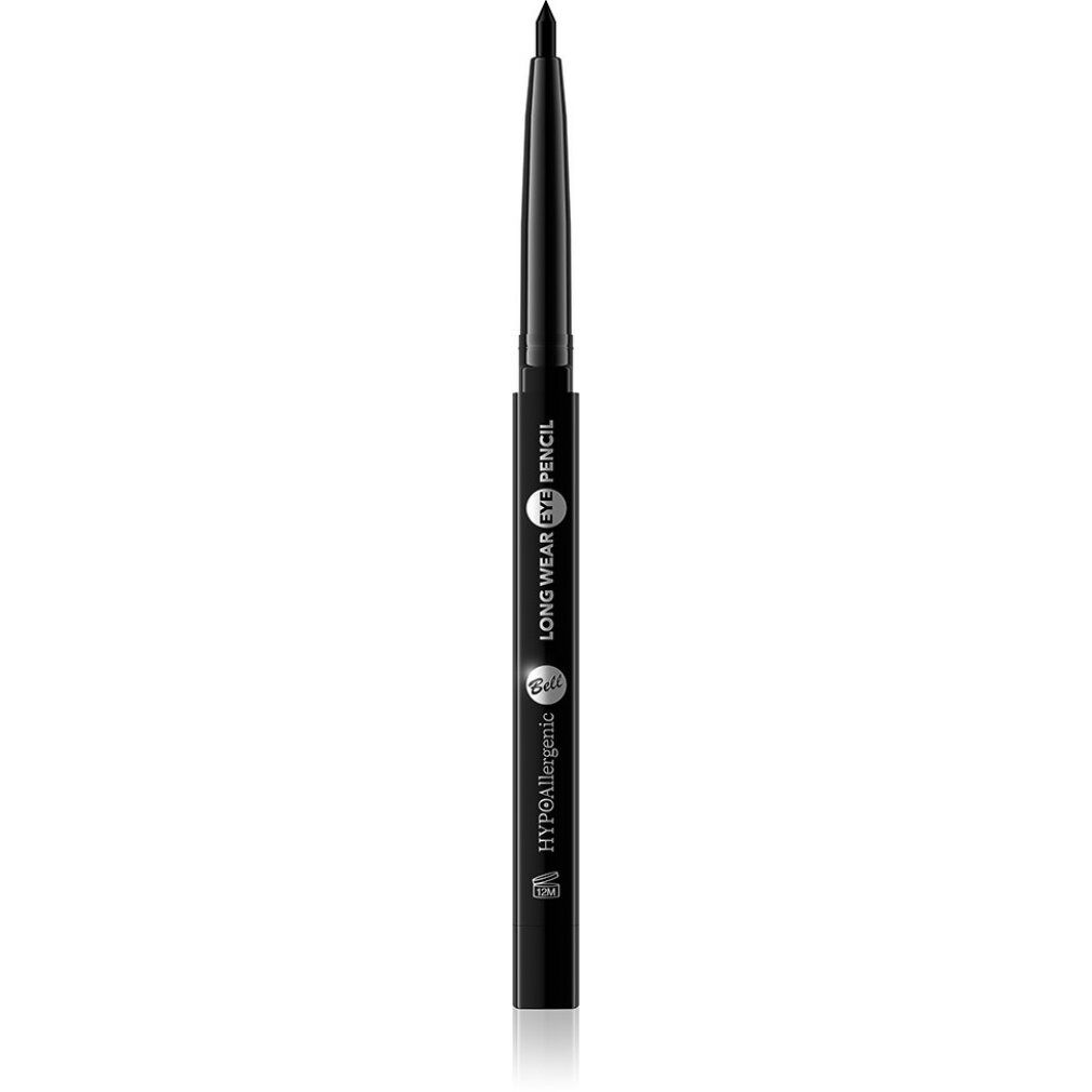 Schwarzer Eyeliner-Stift. Aufschrift: HYPOAllergenic, LONG WEAR EYE PENCIL. Spitze nach oben gerichtet.
