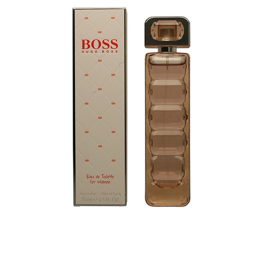 Flakon und Verpackung von HUGO BOSS ORANGE Eau de Toilette. Flakon mit silberner Kappe, Verpackung mit Logo und Text.