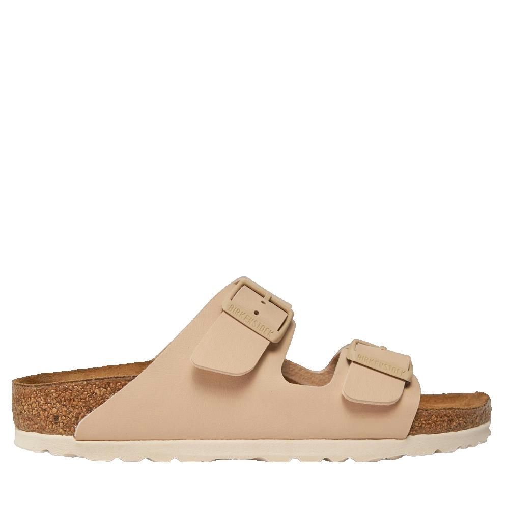 Sandali beige con due cinturini e fibbie. Plantare in sughero.