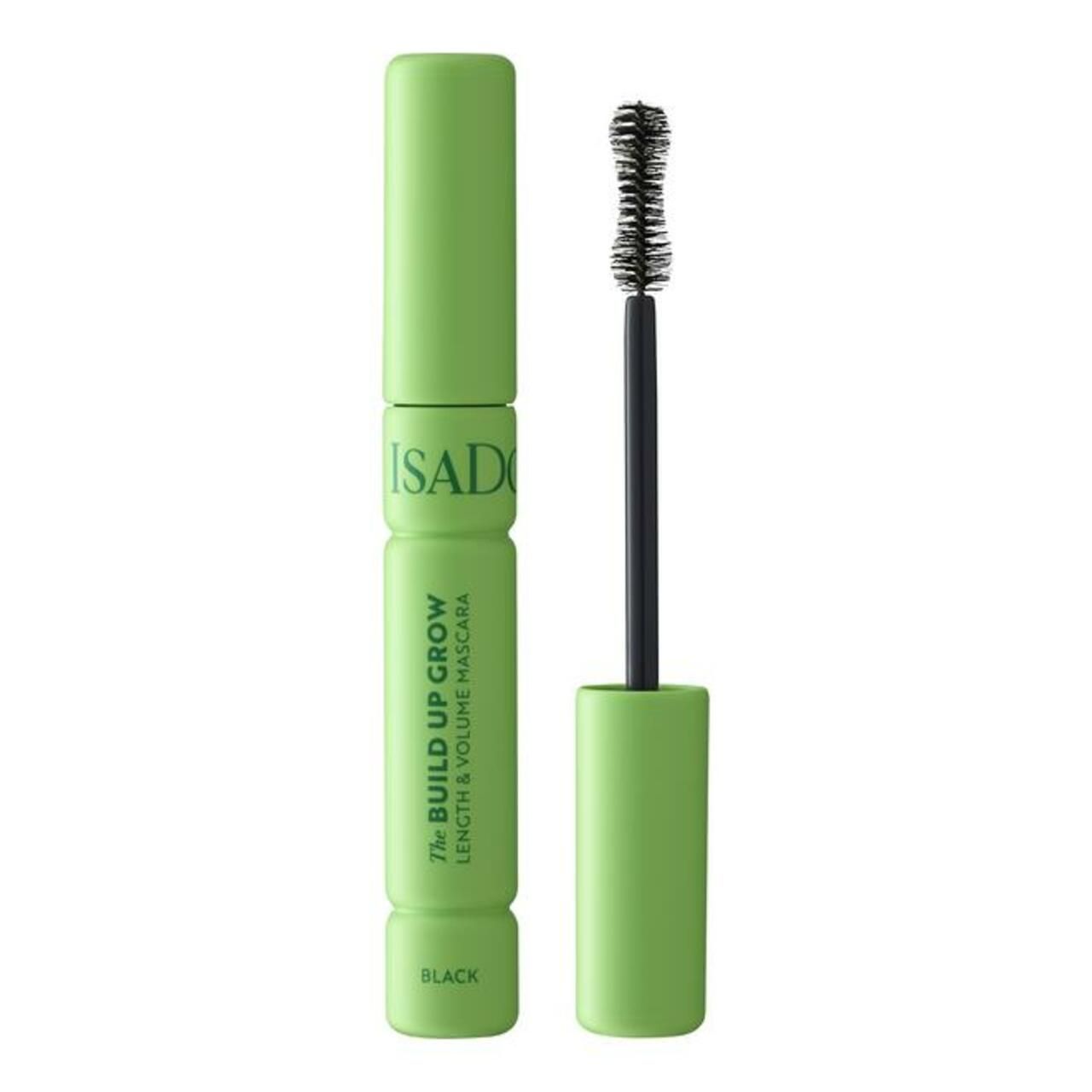 Grüne Mascarahülse mit schwarzer Bürste. Aufschrift: IsaDora, The Build Up Grow Length & Volume Mascara. Farbe: Schwarz.