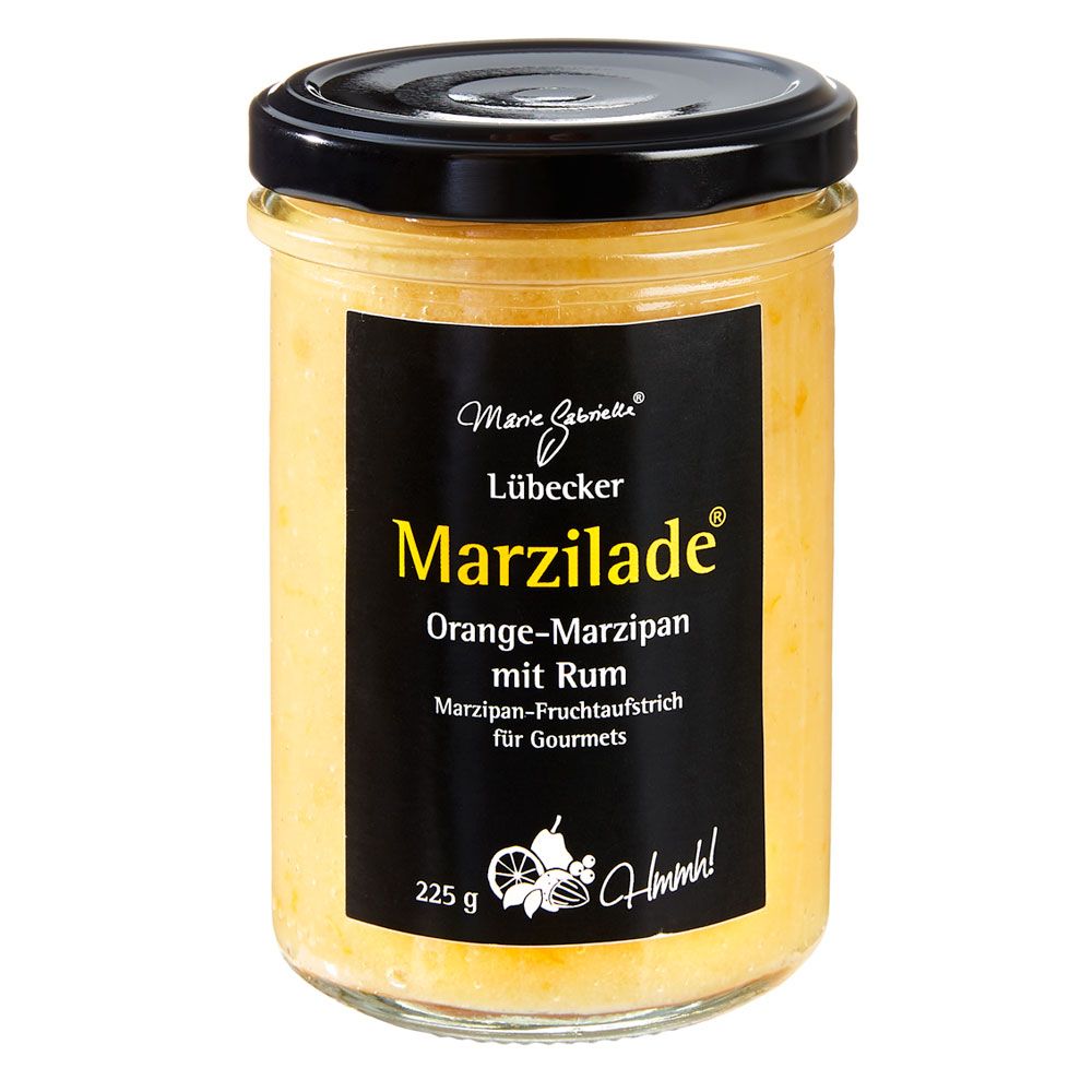 Glas mit schwarzem Deckel und Etikett. Aufschrift: Marzilade Orange-Marzipan mit Rum. 225g.