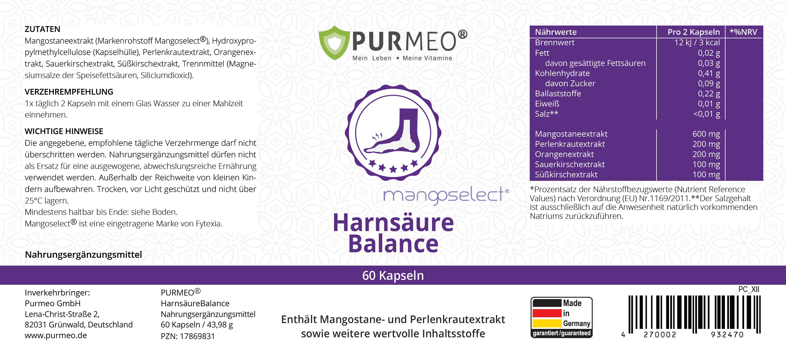 Etikett von PURMEO Harnsäure Balance. Enthält Mangostan- und Perlenkrautextrakt. Mit Nährwertangaben und Inhaltsstoffen. 60 Kapseln.