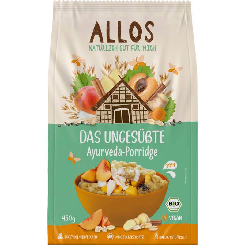 Verpackung von Allos Ayurveda-Porridge. Oben: Logo und Schriftzug. Unten: Produktname und Abbildung des fertigen Porridge.