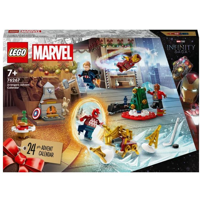 LEGO Marvel Adventskalender. Box mit Figuren und Szenen. Enthält Figuren wie Iron Man und Spider-Man. Mit 24 Türchen.