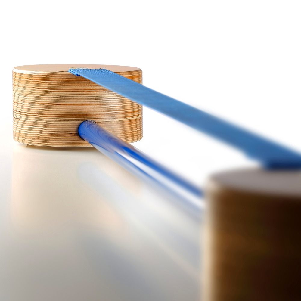 Zwei Holzscheiben mit blauen Bändern und Stäben. Holzmaserung sichtbar. Perspektivische Ansicht.