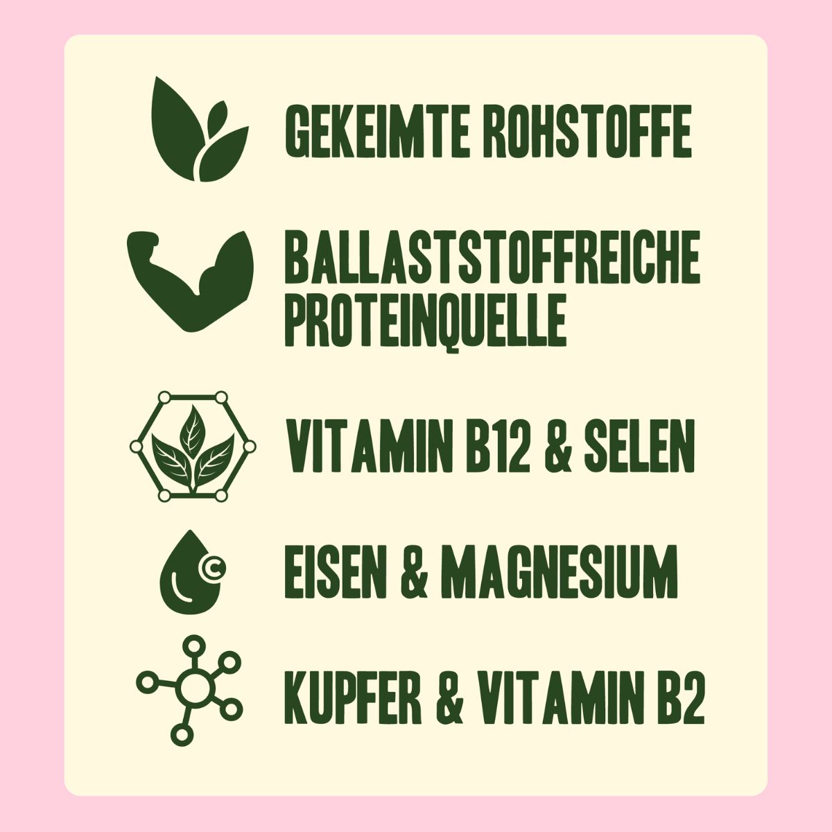 Text-Grafik mit Icons und Text: Gekeimte Rohstoffe, ballaststoffreiche Proteinquelle, Vitamin B12 & Selen, Eisen & Magnesium, Kupfer & Vitamin B2. Rosa Hintergrund.