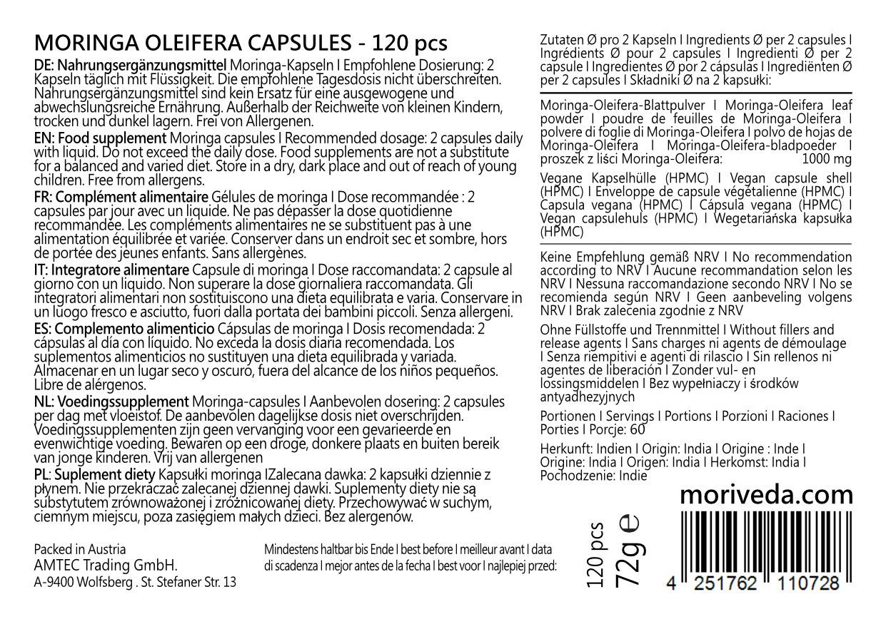 Rückseite der Moringa Kapseln Verpackung. Text in Deutsch, Englisch, Französisch, Italienisch, Spanisch, Niederländisch, Polnisch.