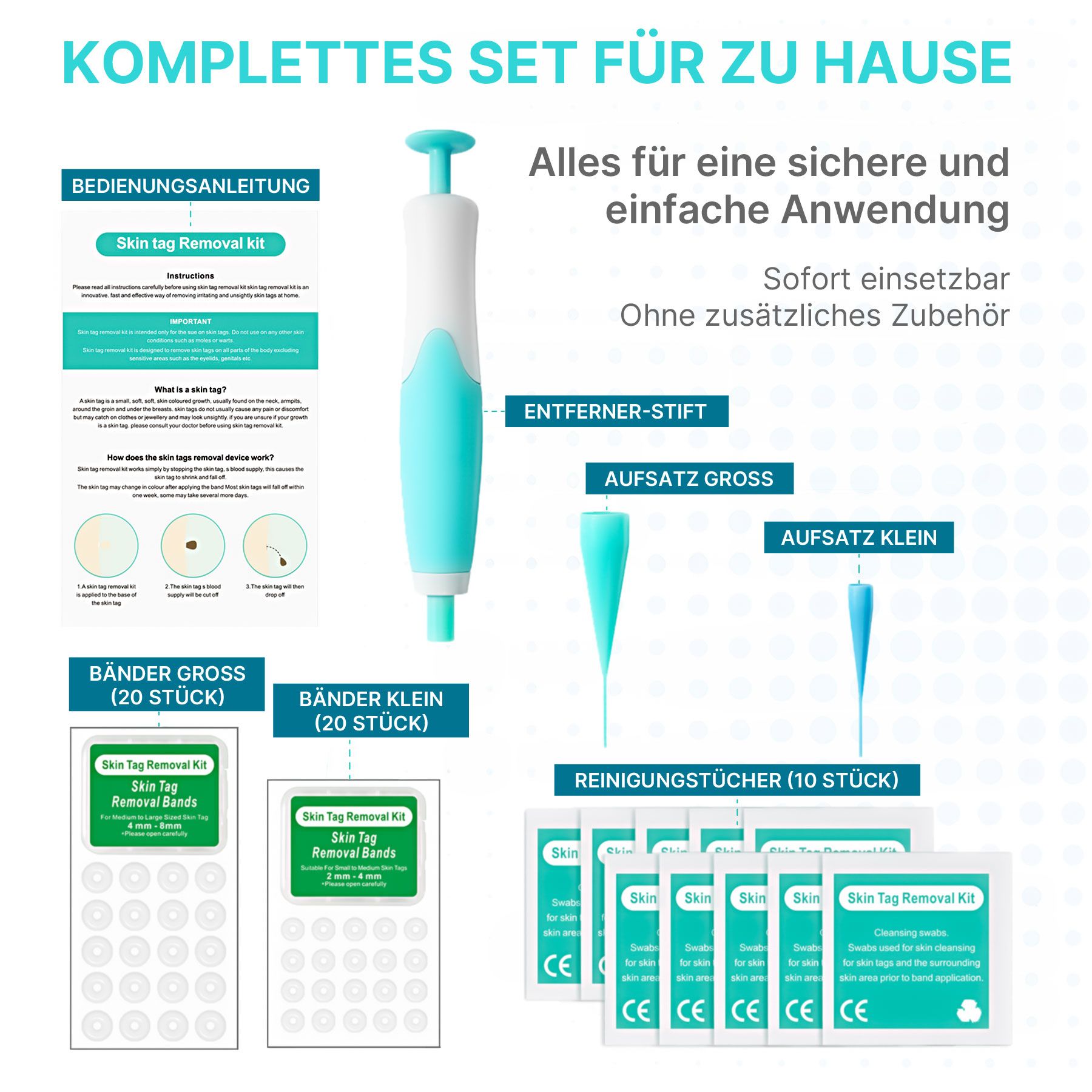Ein Hautanhängselentferner-Set für zu Hause mit Stift, Aufsätzen, Bändern und Reinigungstüchern.