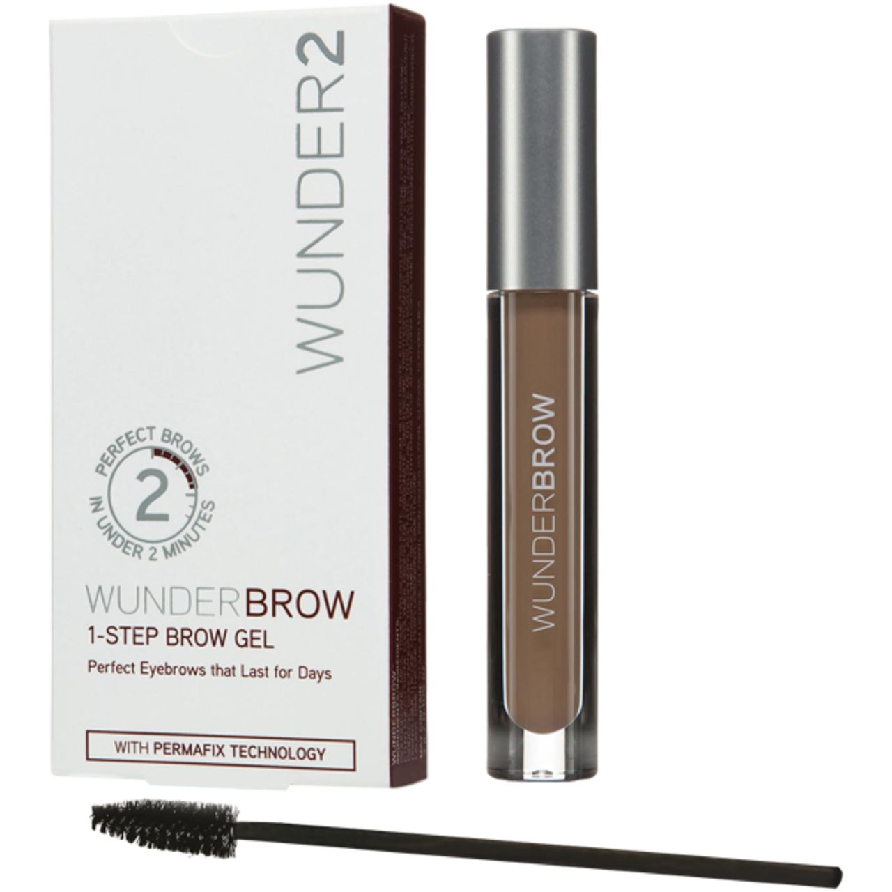 WUNDERBROW 1-Step Brow Gel, Verpackung und Bürste. Text: Perfect Brows in under 2 minutes.