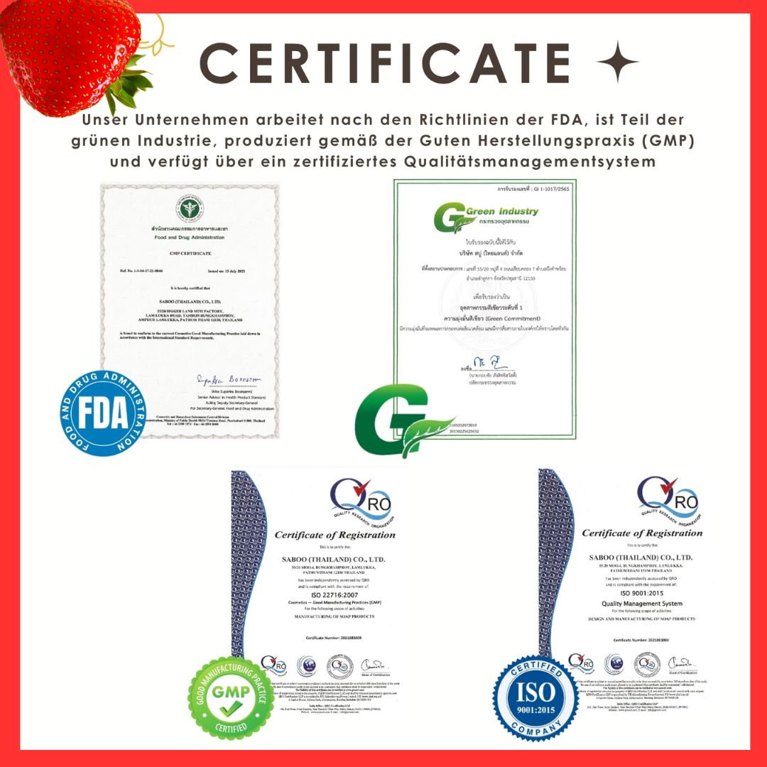 Zertifikate: FDA, GMP, ISO 9001. Text: Unser Unternehmen arbeitet nach den Richtlinien der FDA, produziert gemäß GMP.