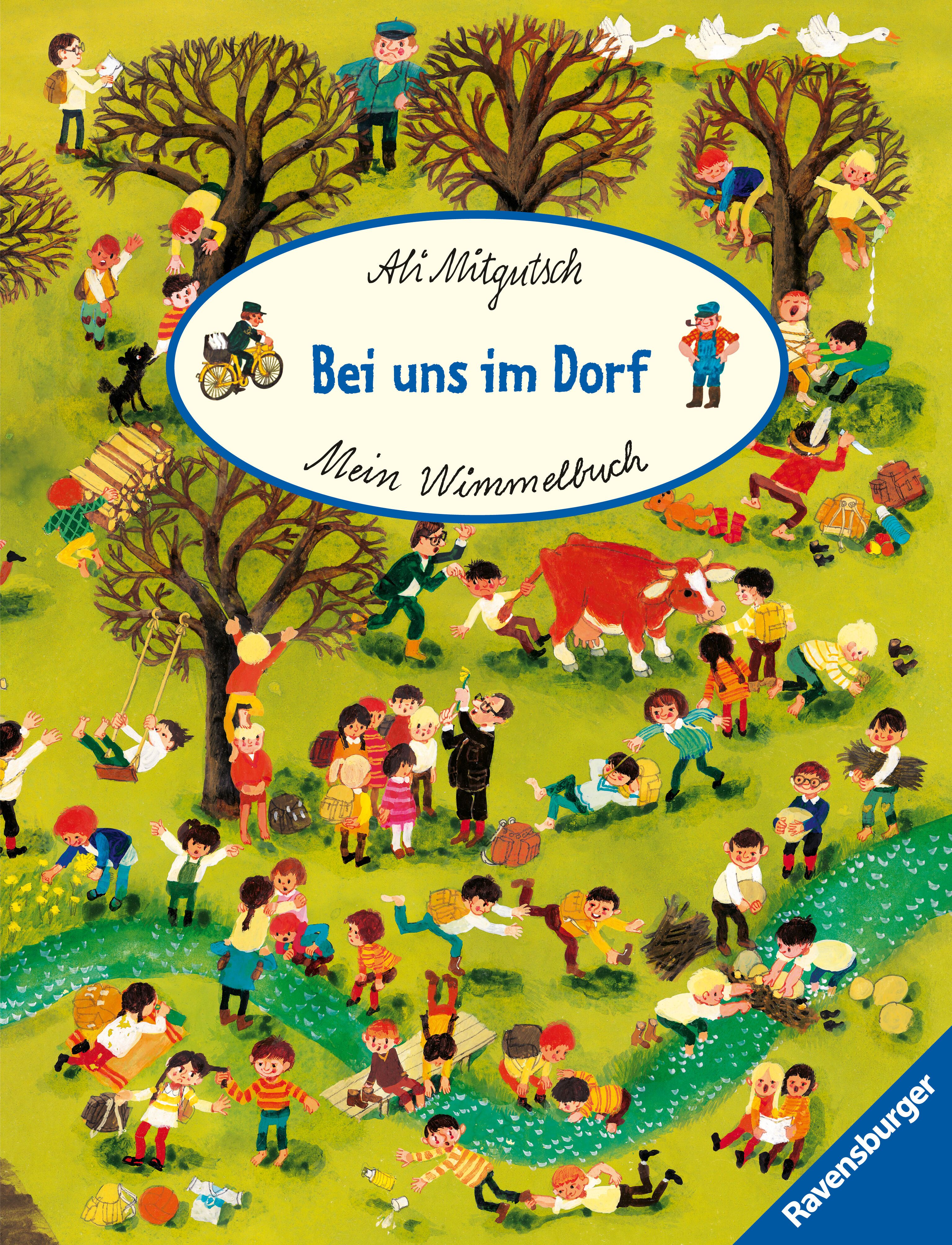 Buchcover mit Illustrationen von Menschen und Tieren in einem Dorf. Titel: Bei uns im Dorf, Autor: Ali Mitgutsch.