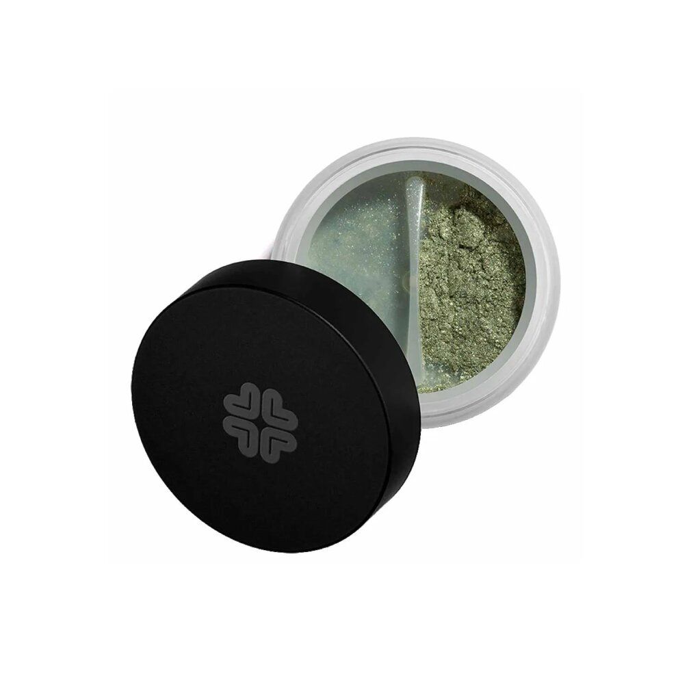 Grünes Mineral-Lidschatten-Puder in einem transparenten Tiegel mit schwarzem Deckel. Deckel mit Logo. Puder in zwei Farbtönen.