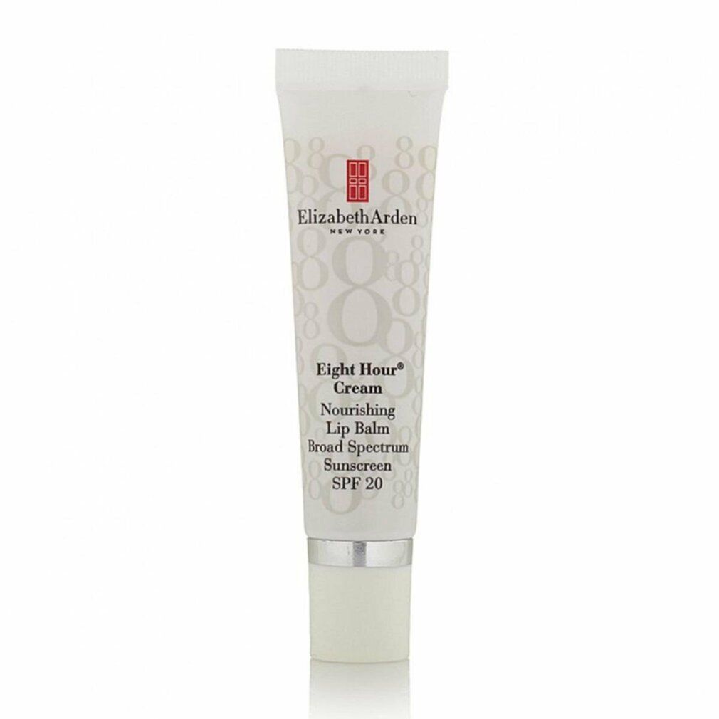 Weiße Tube mit silberner Kappe. Text: Elizabeth Arden, Eight Hour Cream, Nourishing Lip Balm SPF 20 PA++.