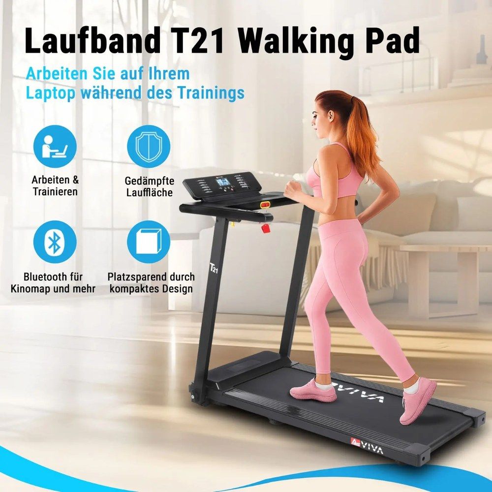 Frau auf Laufband T21 mit Icons für Training, Bluetooth, Kinomap und platzsparendes Design.