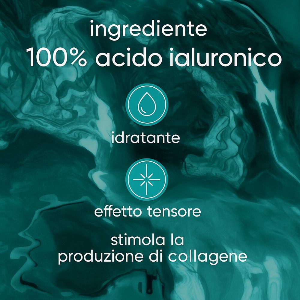 Grafik mit Text: 100% Hyaluronsäure, feuchtigkeitsspendend, straffende Wirkung, stimuliert die Kollagenproduktion.