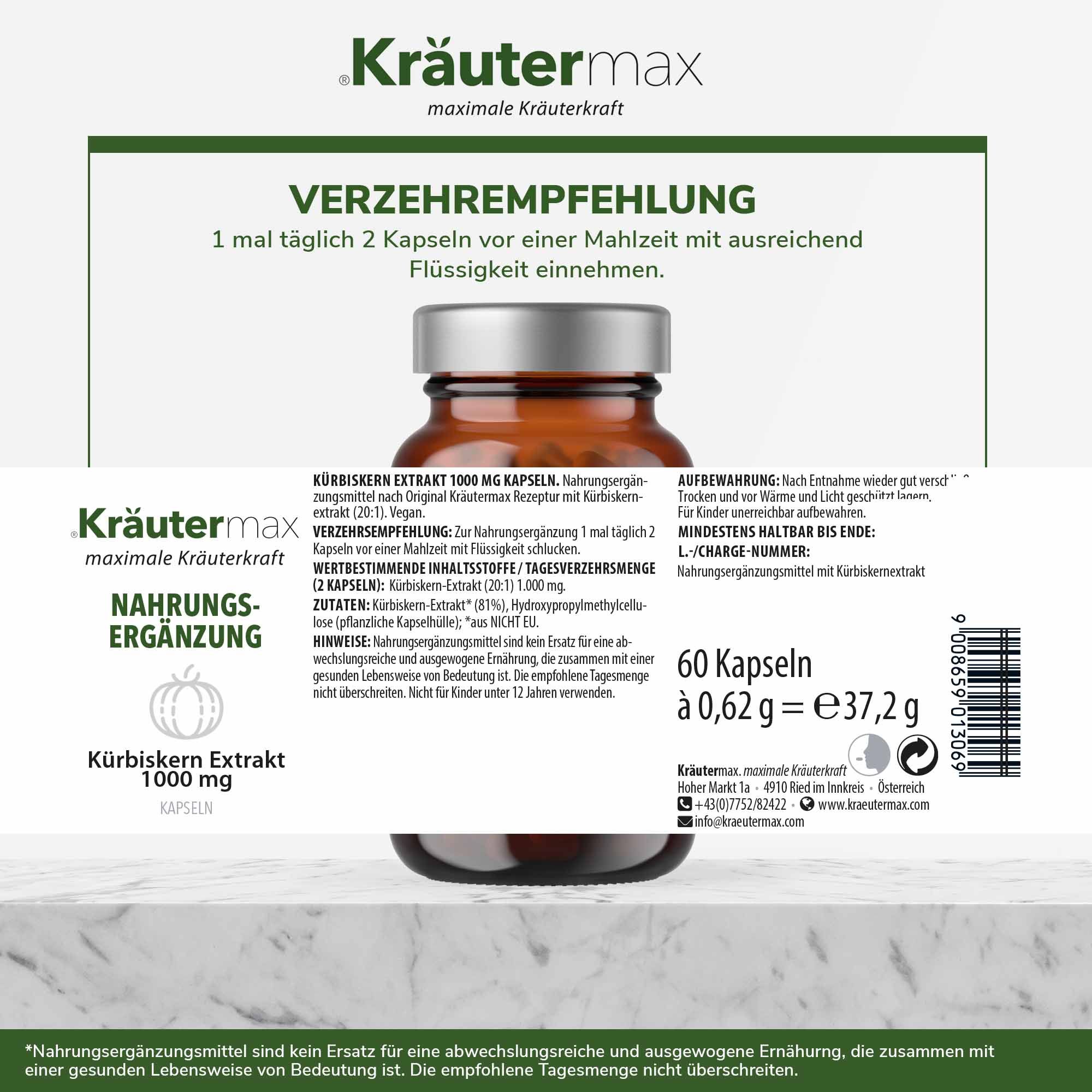Kräutermax Kürbiskern Extrakt 1000 mg Kapseln