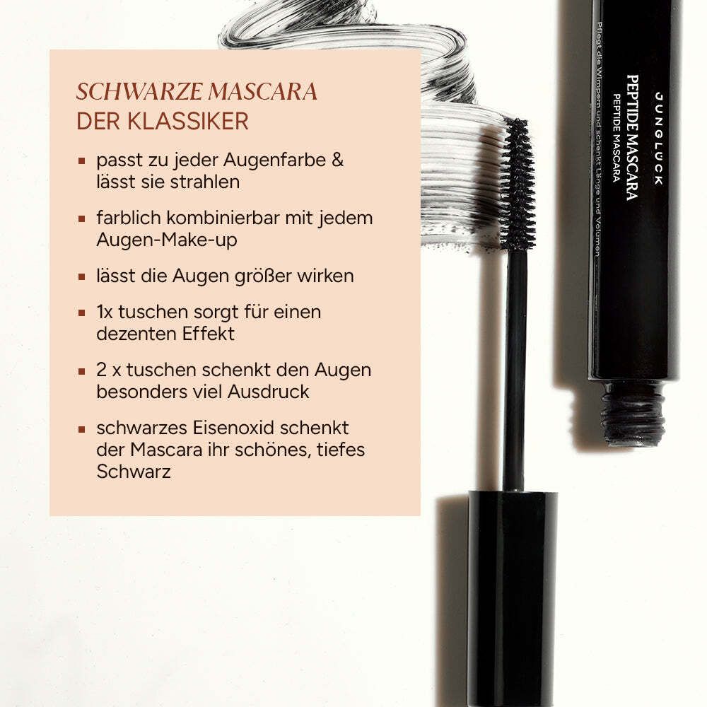 Schwarze Mascara mit Text. Text: JUNGLÜCK Peptide Mascara, Schwarze Mascara der Klassiker.