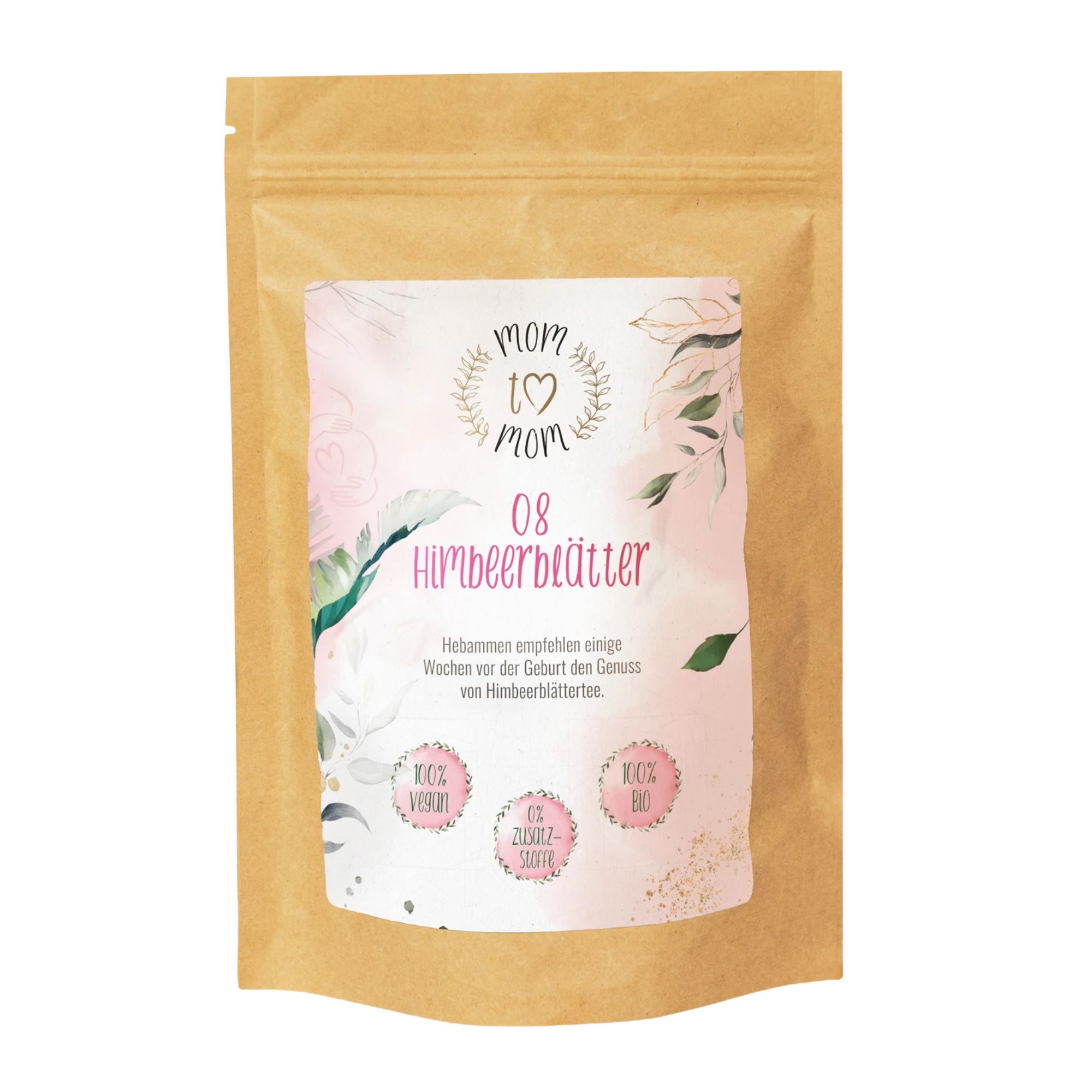 Beutel mit Aufdruck. Aufschrift: mom to mom, Himbeerblätter, 100% vegan, 100% zuckerfrei, 100% bio.