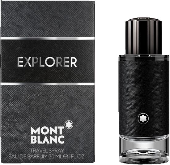 Montblanc Explorer Travel Spray. Schwarze Verpackung mit silberner Schrift. Flakon mit schwarzem Lederimitat.