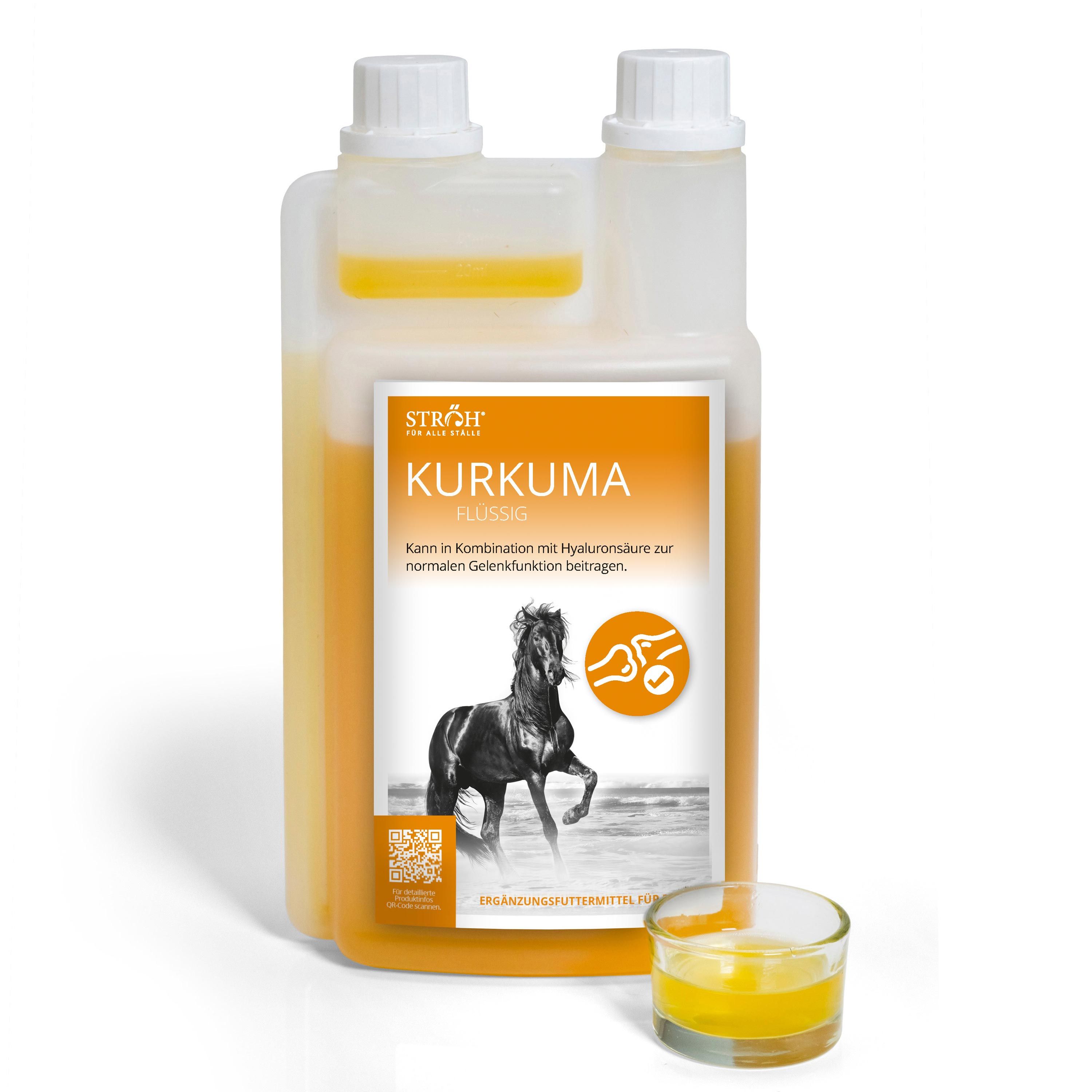 STRÖH Kurkuma Flüssig in durchsichtiger Flasche mit orangefarbenem Etikett und Pferdemotiv.