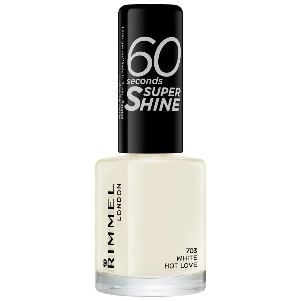 Nagellackflasche, weiß. Schwarzer Deckel mit "60 seconds SUPER SHINE"-Schriftzug. Marke: Rimmel London. Farbcode: 703 White Hot Love.