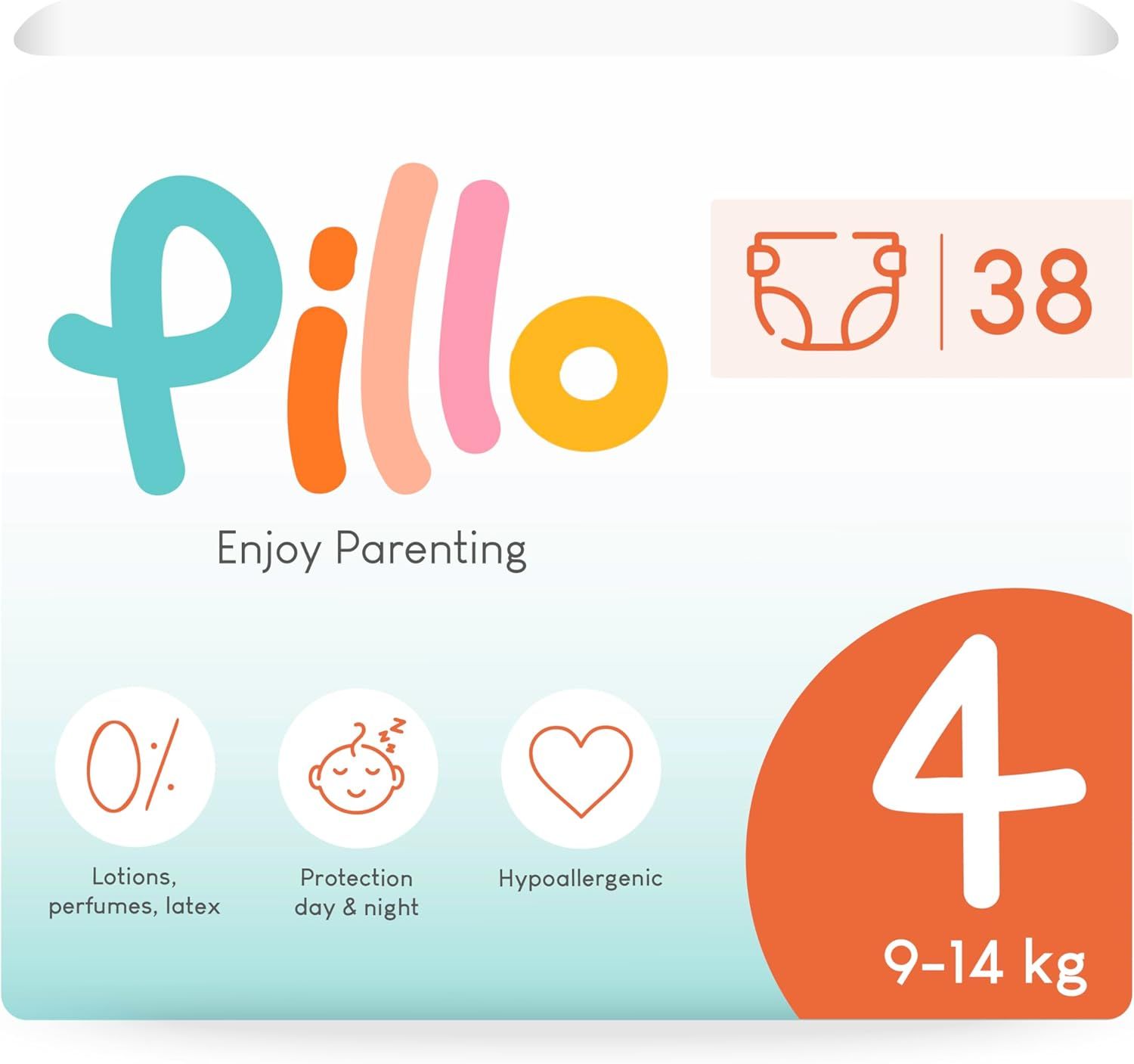 Confezione di pannolini Pillo Taglia 4 Maxi, per bambini 9-14 kg. La confezione mostra il logo Pillo, la taglia 4 e l'indicazione 9-14 kg. Sono presenti simboli per senza lozioni, ipoallergenico e protezione giorno e notte.