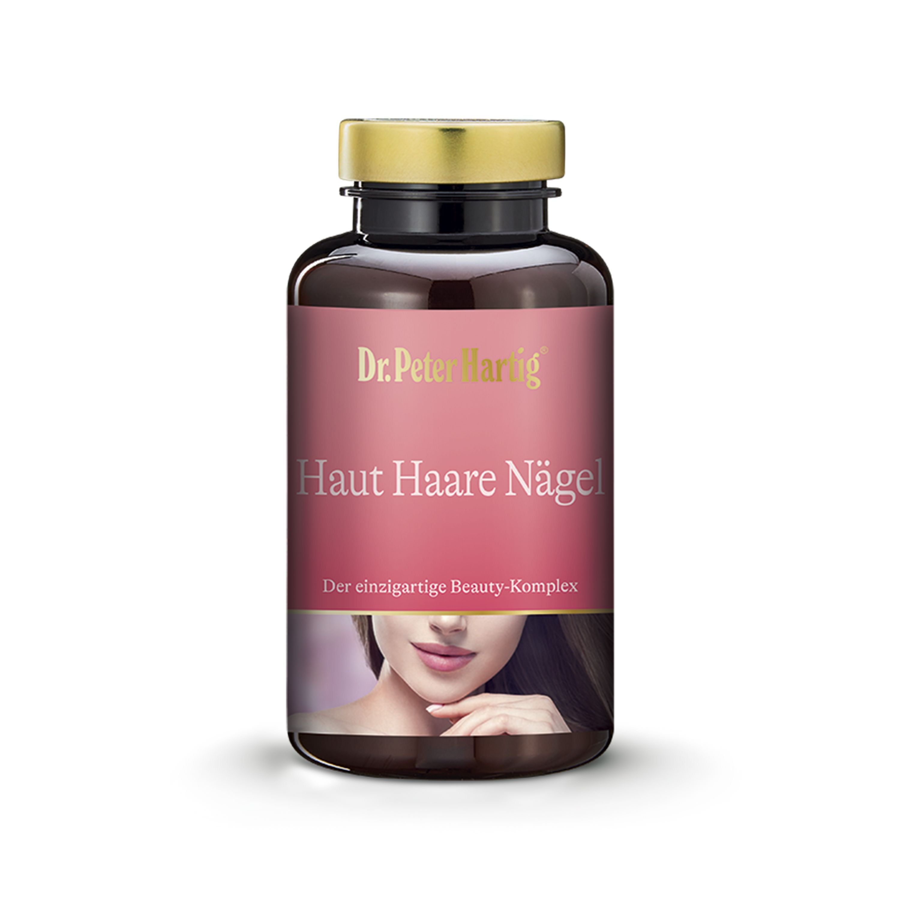 Braune Flasche mit goldfarbenem Deckel. Aufschrift: Dr. Peter Hartig Haut Haare Nägel. Rosa Etikett mit Frauenporträt.