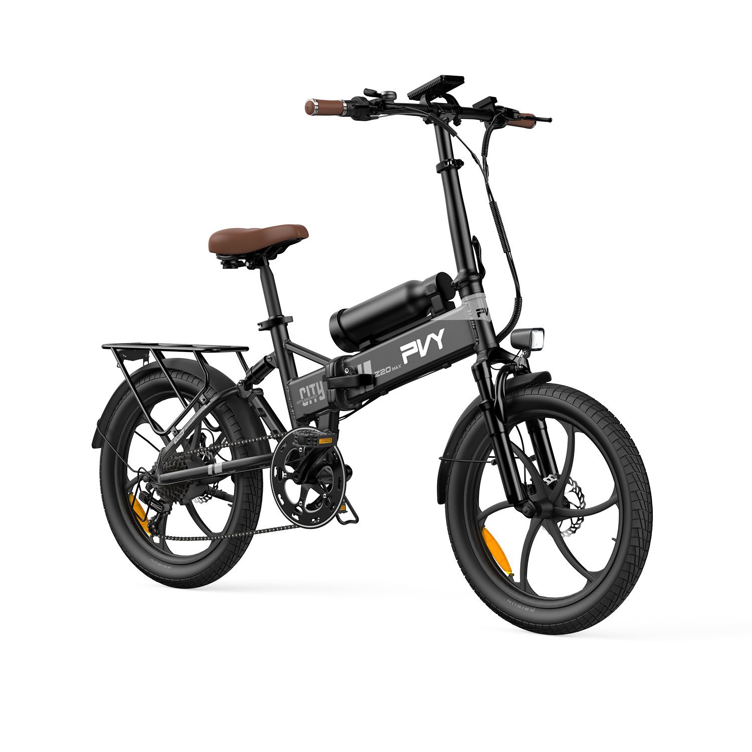 Schwarzes E-Bike mit braunem Sattel und Akku. PVY Z20 MAX Schriftzug.