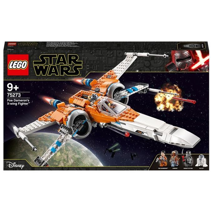 LEGO Star Wars Episodio IX X-wing Fighter di Poe Dameron. La confezione mostra un'astronave arancione e bianca in volo nello spazio. Il set include personaggi e si rivolge a bambini dai 9 anni in su. Il logo LEGO e la scritta Star Wars sono ben visibili.