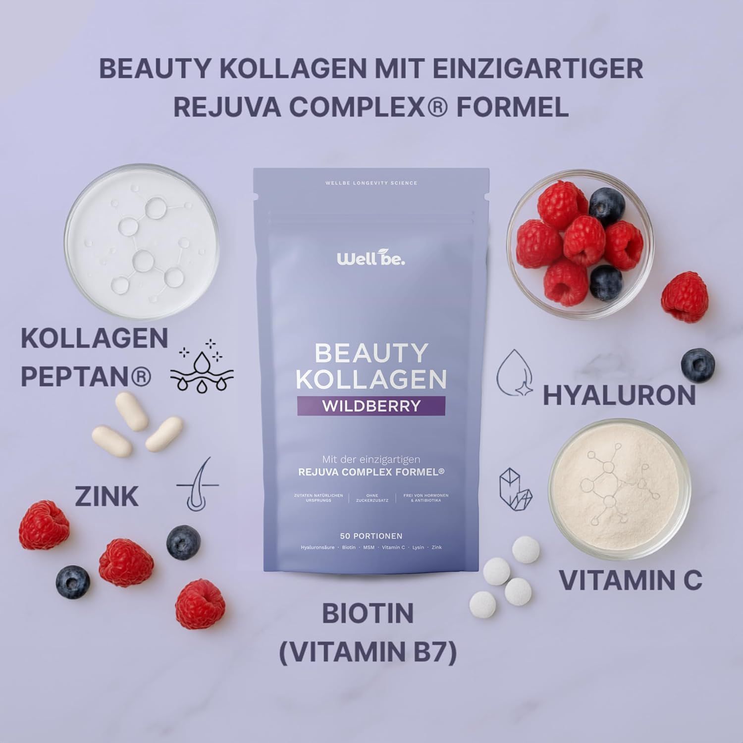 Wellbe Beauty Kollagen Beutel mit Zutaten: Beeren, Hyaluron, Zink, Vitamin C, Peptan.