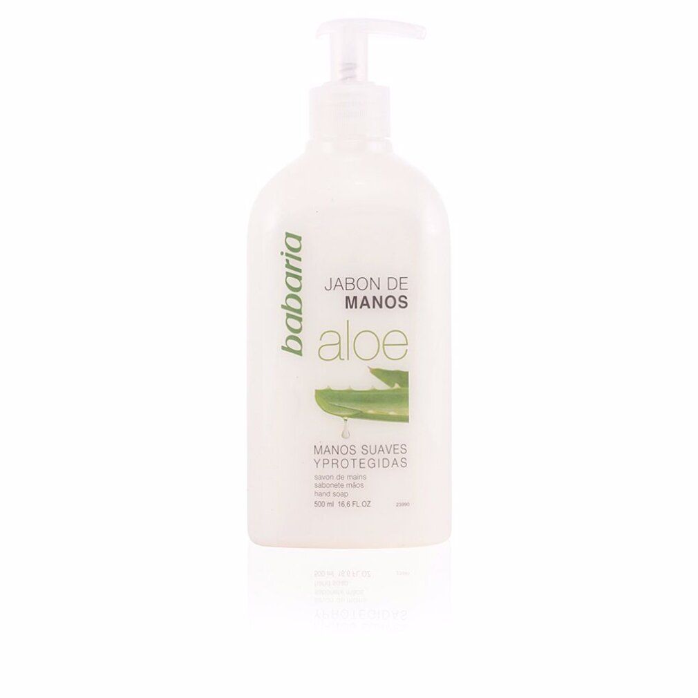 Weißer Spender mit grünem Aufdruck. Text: Babaria, Aloe, Jabón de manos, manos suaves y protegidas.