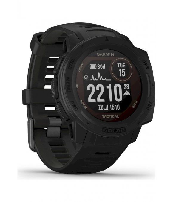 Schwarze Garmin Instinct Solar Tactical Smartwatch. Rundes Zifferblatt mit digitaler Anzeige. Schwarzes Armband. GPS- und Solar-Funktionen.