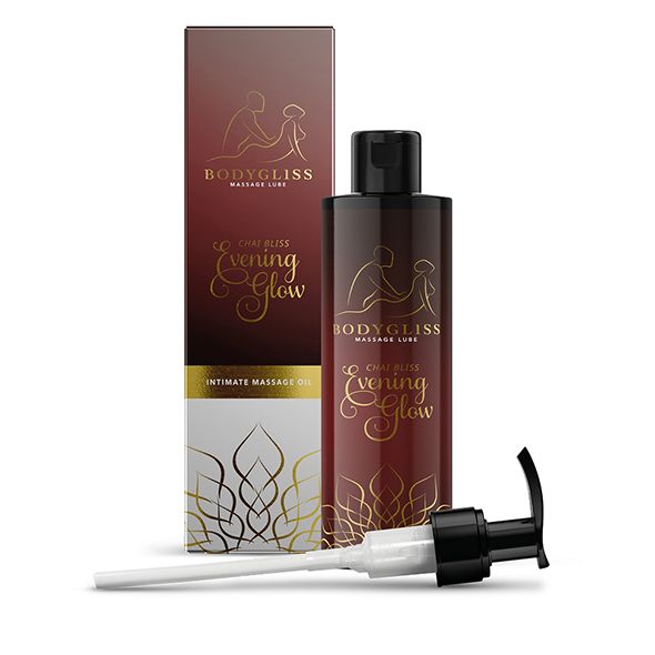 Flasche und Verpackung von Bodygliss Massageöl. Aufschrift: Chai Bliss Evening Glow. Mit Spender.