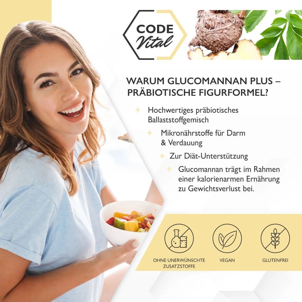 Frau mit Schüssel Müsli. Text: Warum Glucomannan Plus? Hochwertiges präbiotisches Ballaststoffgemisch.