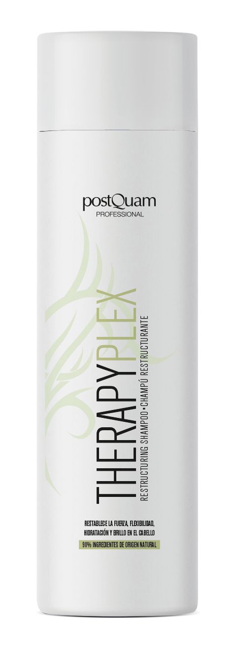 Weißes Shampoo von PostQuam. Aufschrift: Therapy Plex, Restrukturierendes Shampoo. Enthält 90% Inhaltsstoffe natürlichen Ursprungs.
