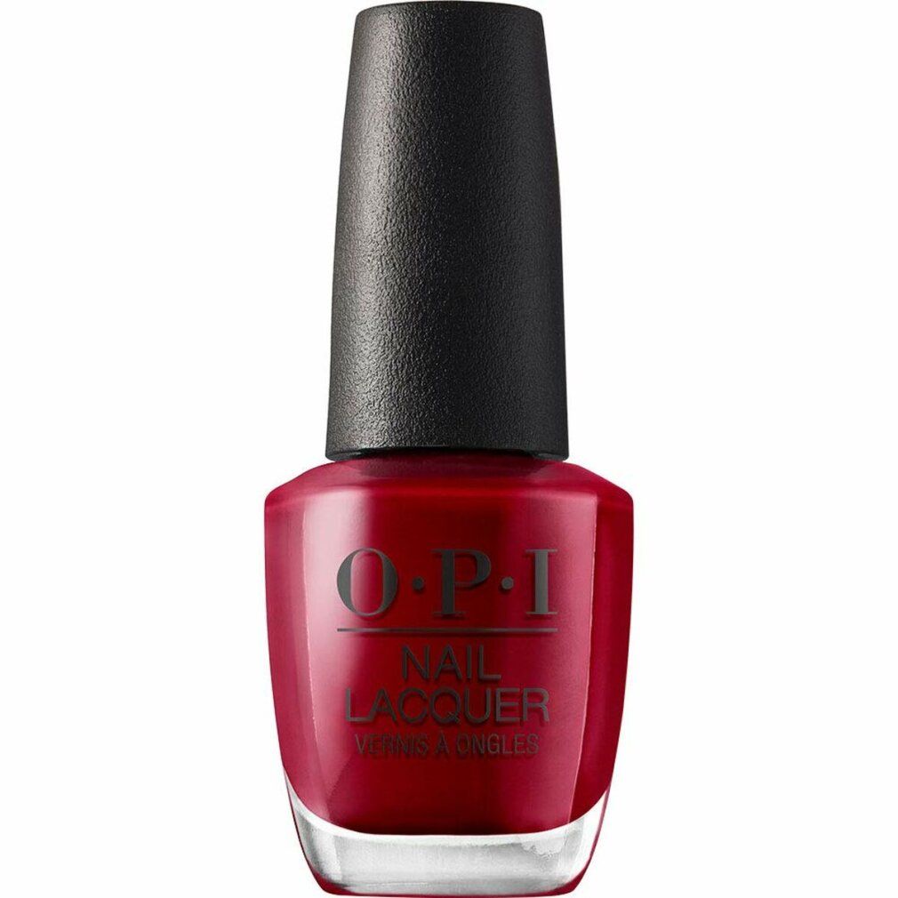 Rote Nagellackflasche mit schwarzem Deckel. OPI Nail Lacquer. Klare Glasflasche mit rotem Lack. Aufschrift.