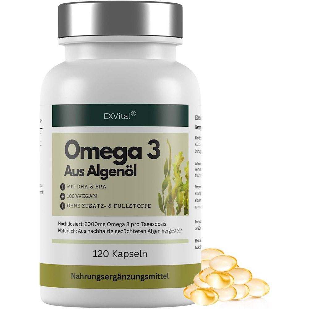 Weiße Flasche mit Kapseln. Aufschrift: Omega 3 Aus Algenöl, 120 Kapseln. Vegan, ohne Zusatzstoffe. Gelbe Kapseln daneben.