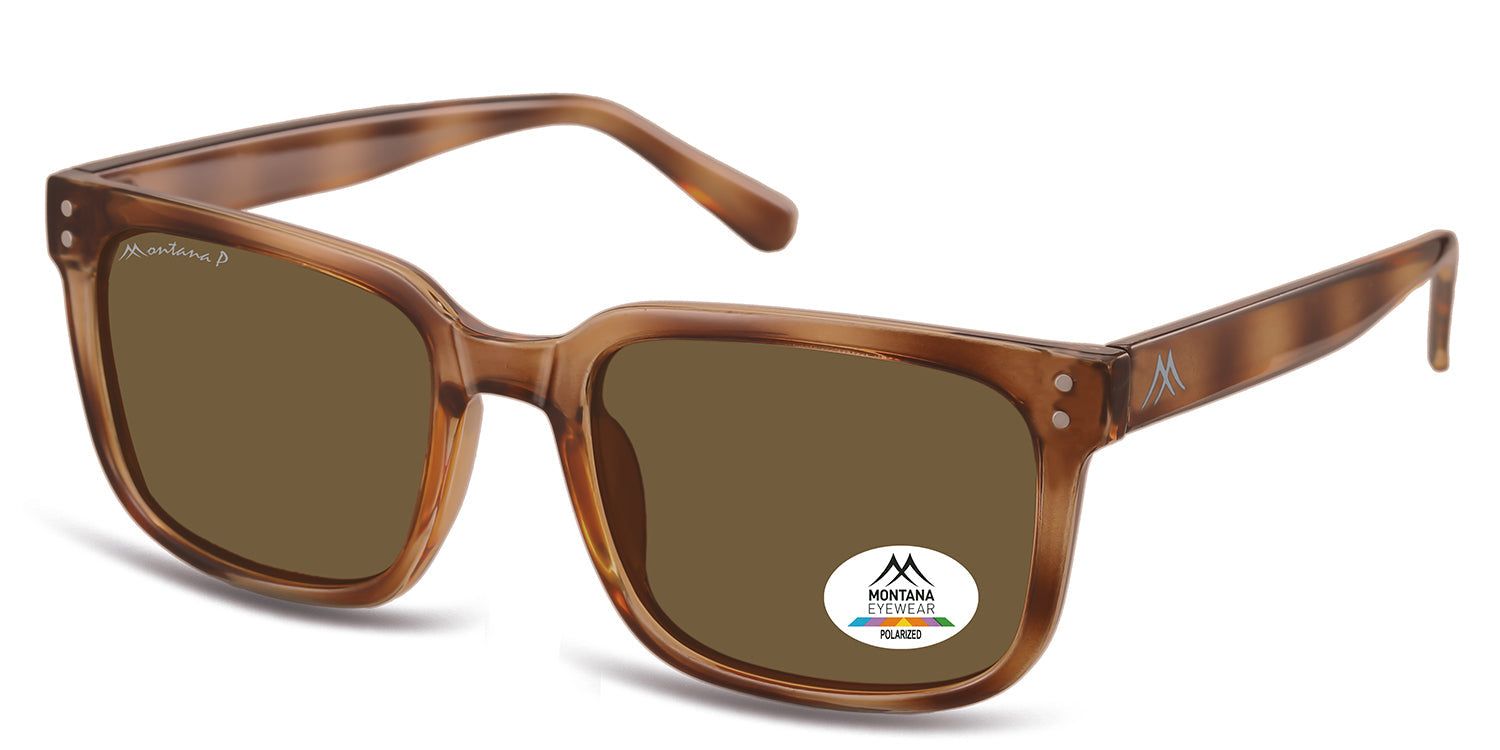 Montana Eyewear Paternoster Sonnenbrille. Braune, rechteckige Fassung. Braune Gläser. Logo und Polarisations-Aufkleber auf dem Glas.
