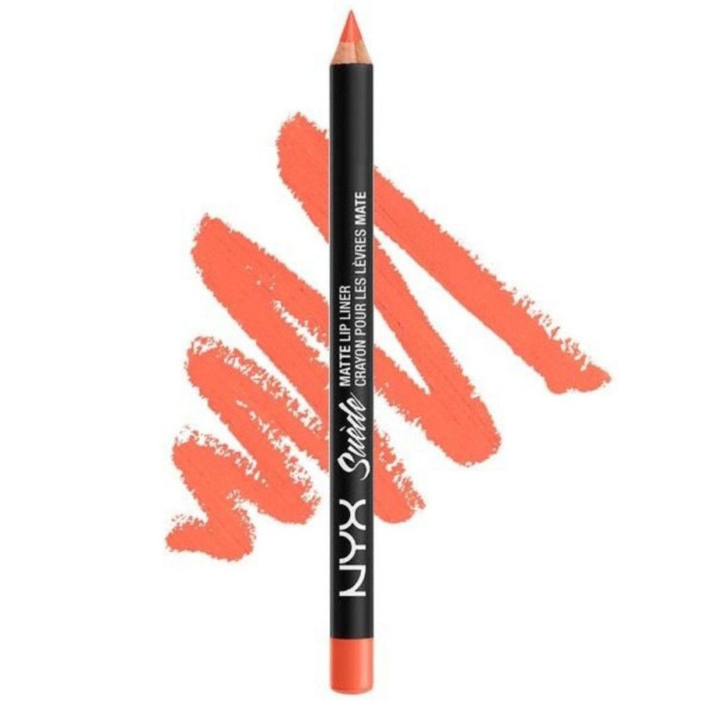 Orangener Lipliner-Stift mit schwarzem Schaft. Aufschrift: NYX Suede Matte Lip Liner. Farbstrich daneben.
