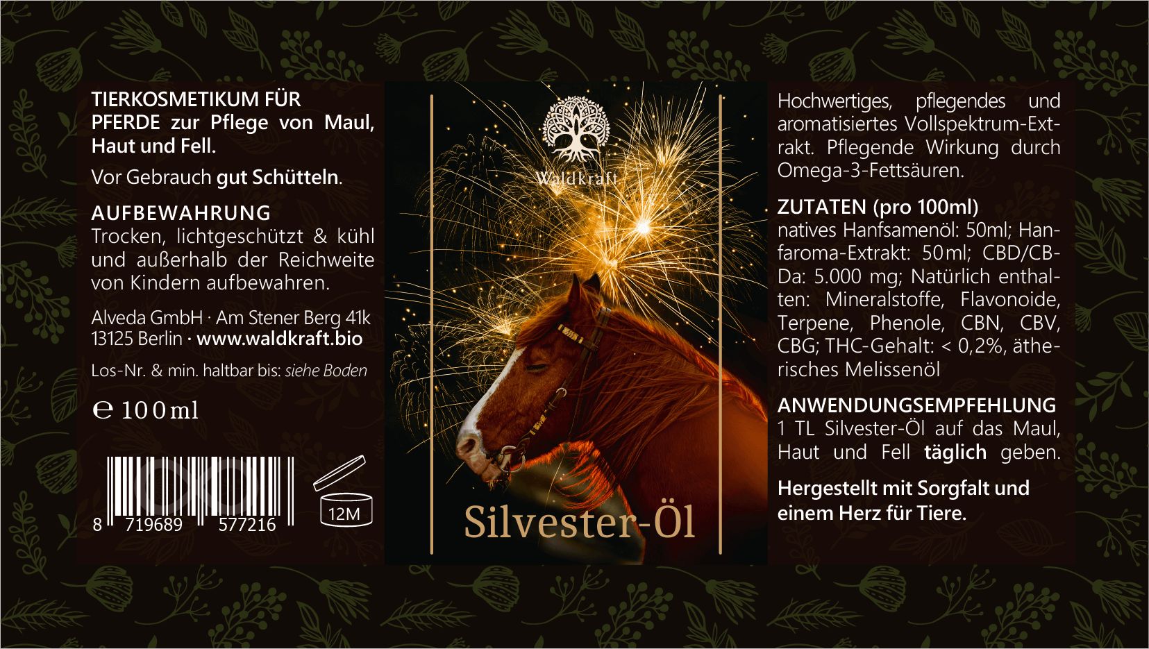 Braune Flasche mit Etikett. Text: "Silvester-Öl", Inhaltsstoffe, Anwendungsempfehlung. Logo: Baum mit Wurzeln. 100ml.