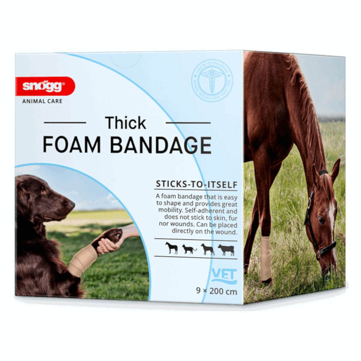 Verpackung für Snögg Thick Foam Bandage, mit Hund und Pferd, 9x200cm.